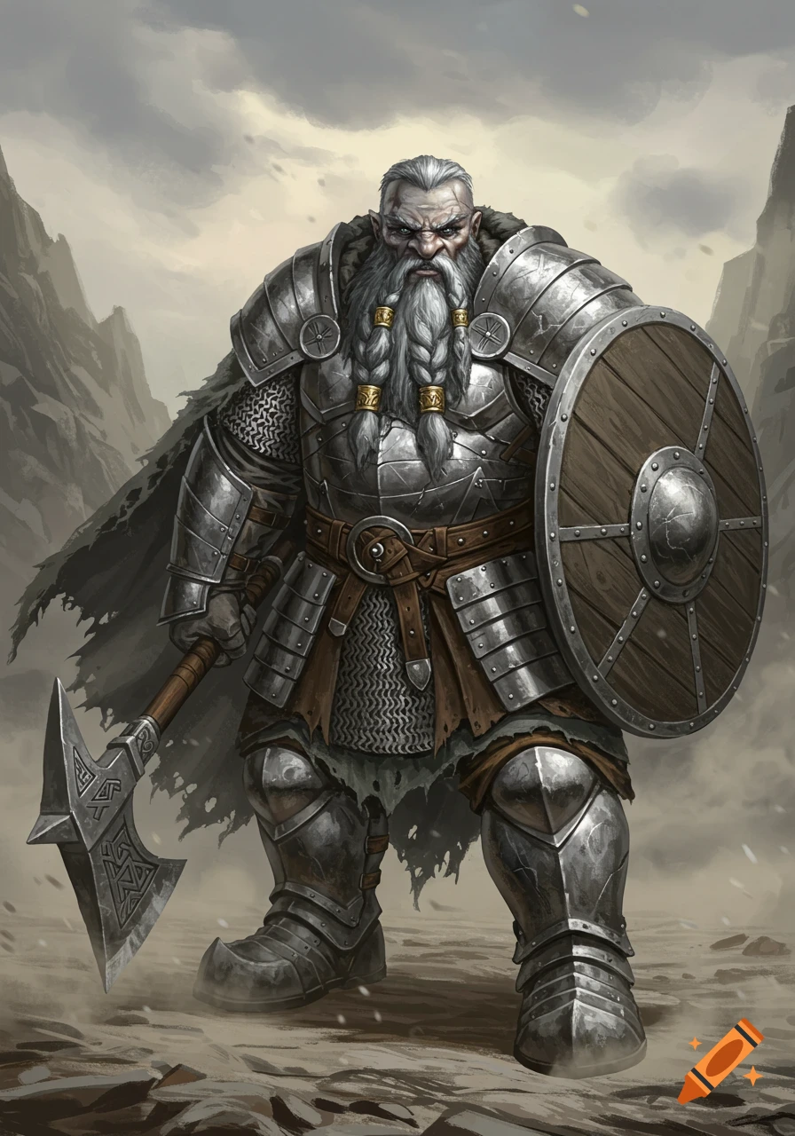 A powerfully built fantasy dwarf warrior in ornate metal armor and a tattered cloak holds a large axe with runes and a wooden shield, standing in a desolate, rocky landscape.