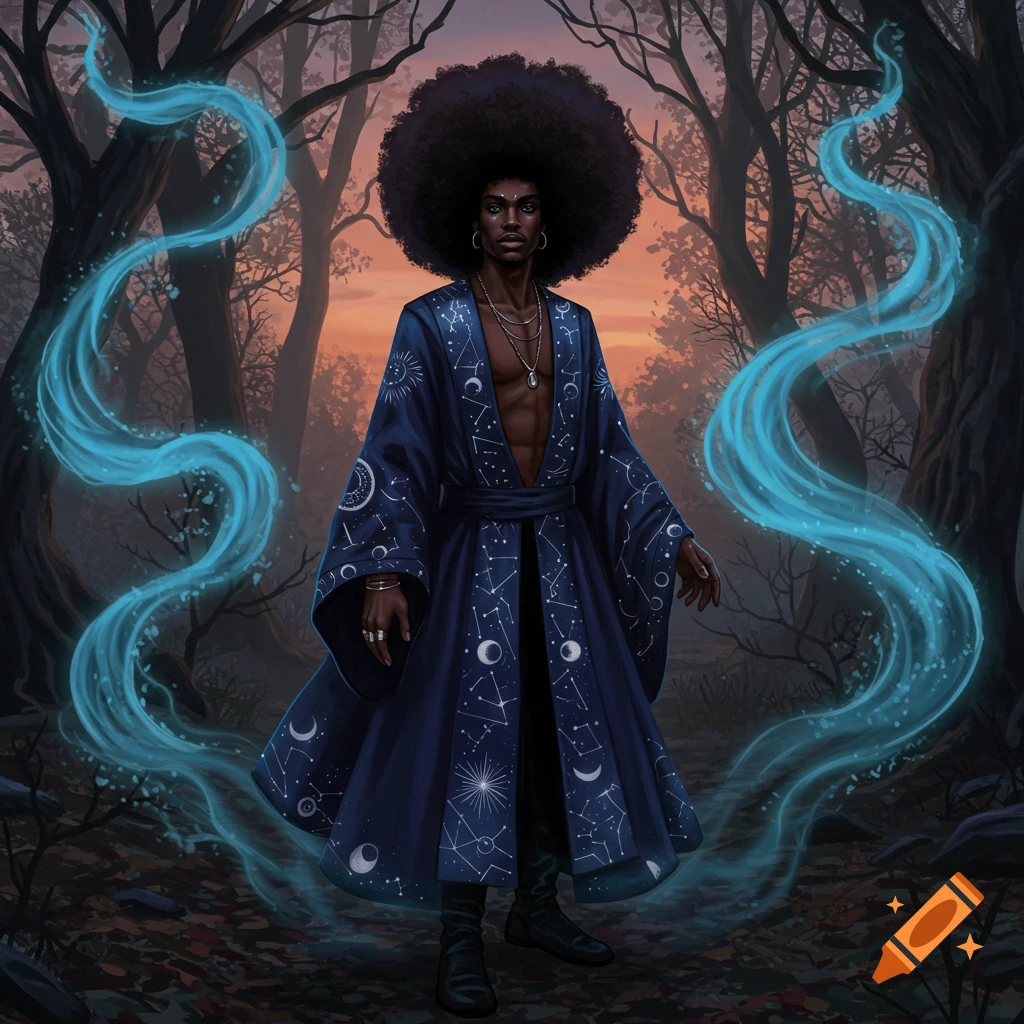 Dark-skinned man with a large afro wearing a cosmic-patterned blue robe, surrounded by glowing blue magic in a mystical forest at sunset.