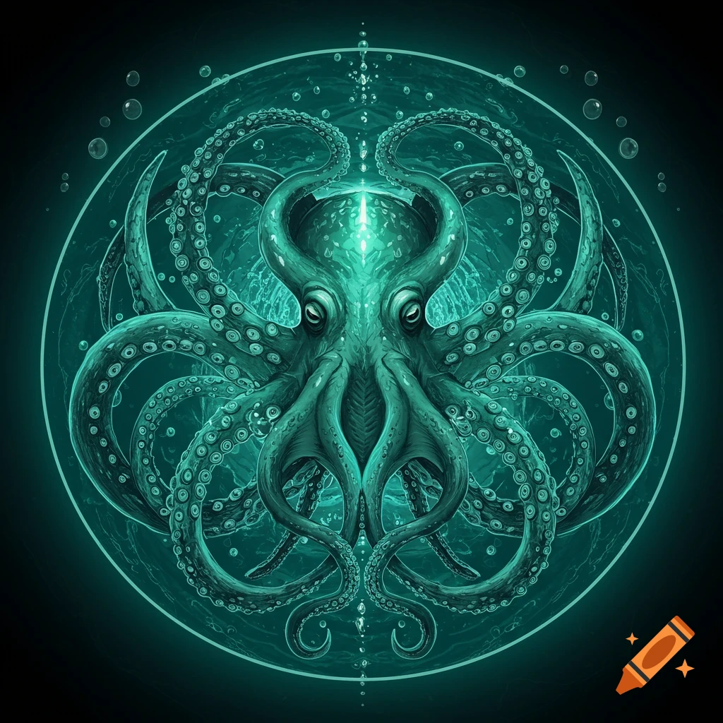 A glowing teal kraken with symmetrical tentacles centered within a mystical circular design, surrounded by bubbles.