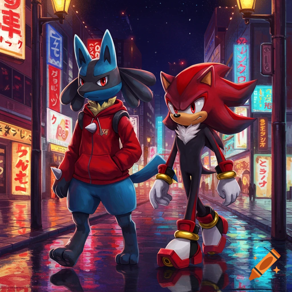 Lucario in a red hoodie and Shadow the Hedgehog walk down a neon-lit Tokyo street at night, reflected on the wet ground. Stylized cartoon art.