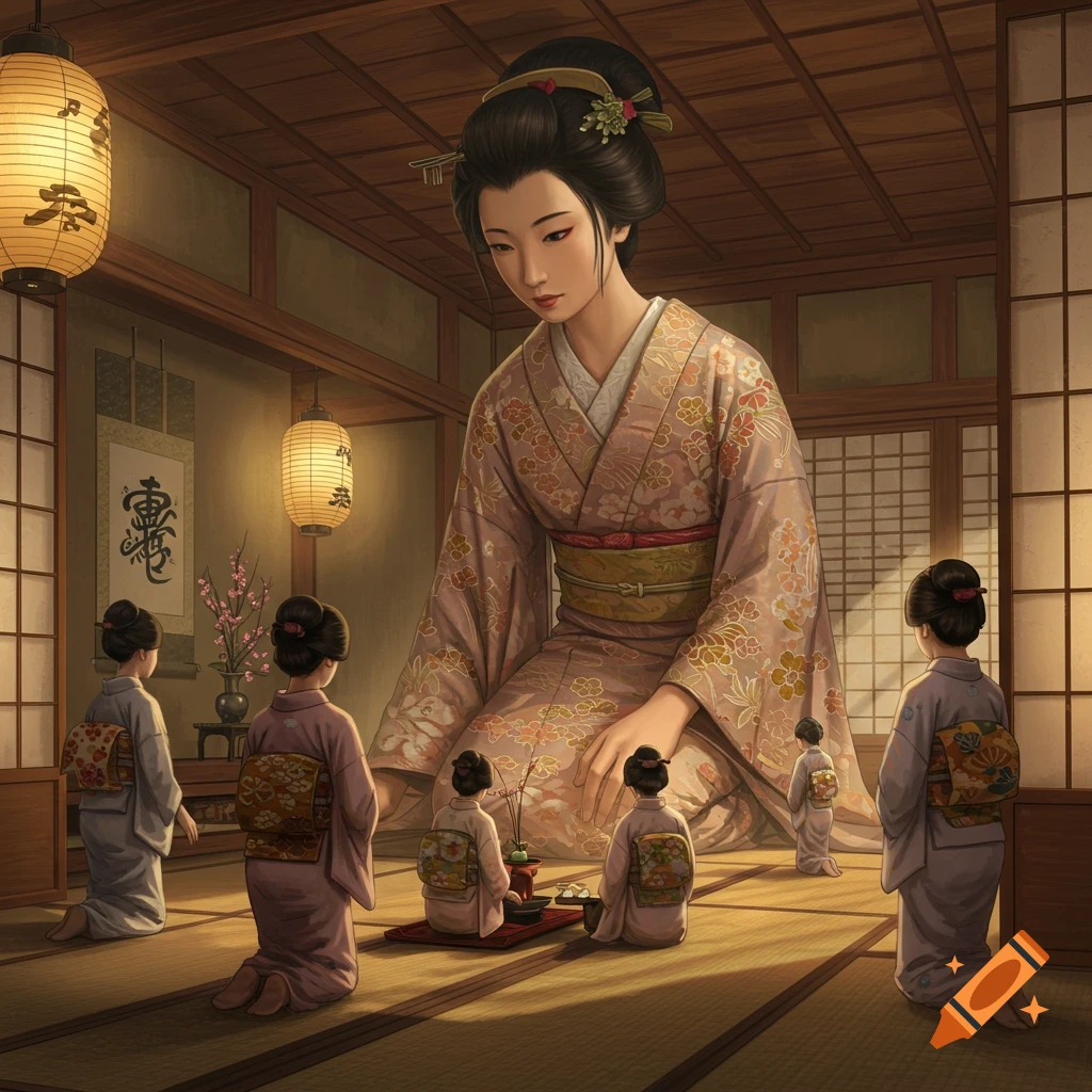 Anime illustration of a giant Japanese woman crouching in a traditional room with smaller women kneeling around her.