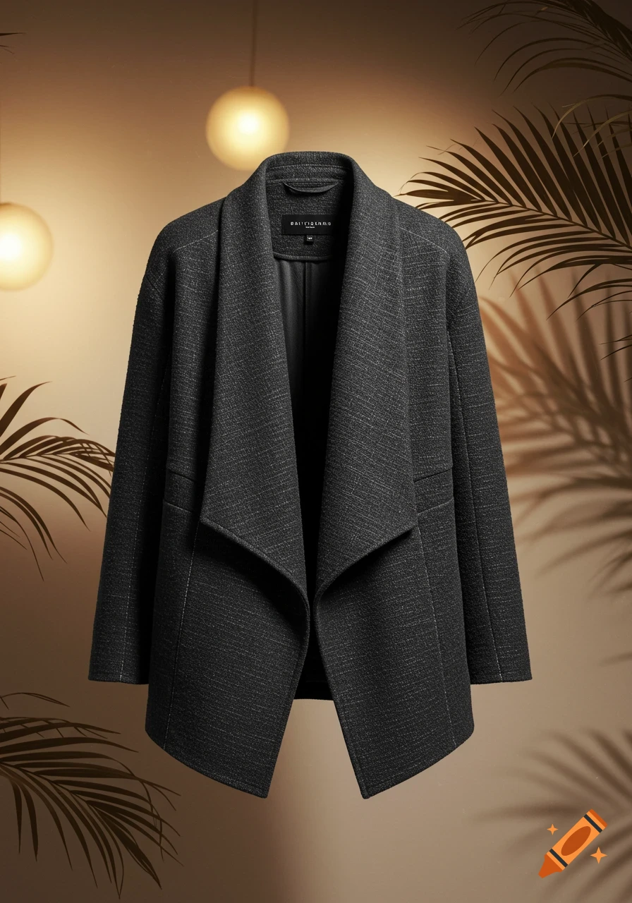 Dark grey textured jacket with a wide lapel hanging in a warm-toned room with blurred lights and palm leaf shadows.