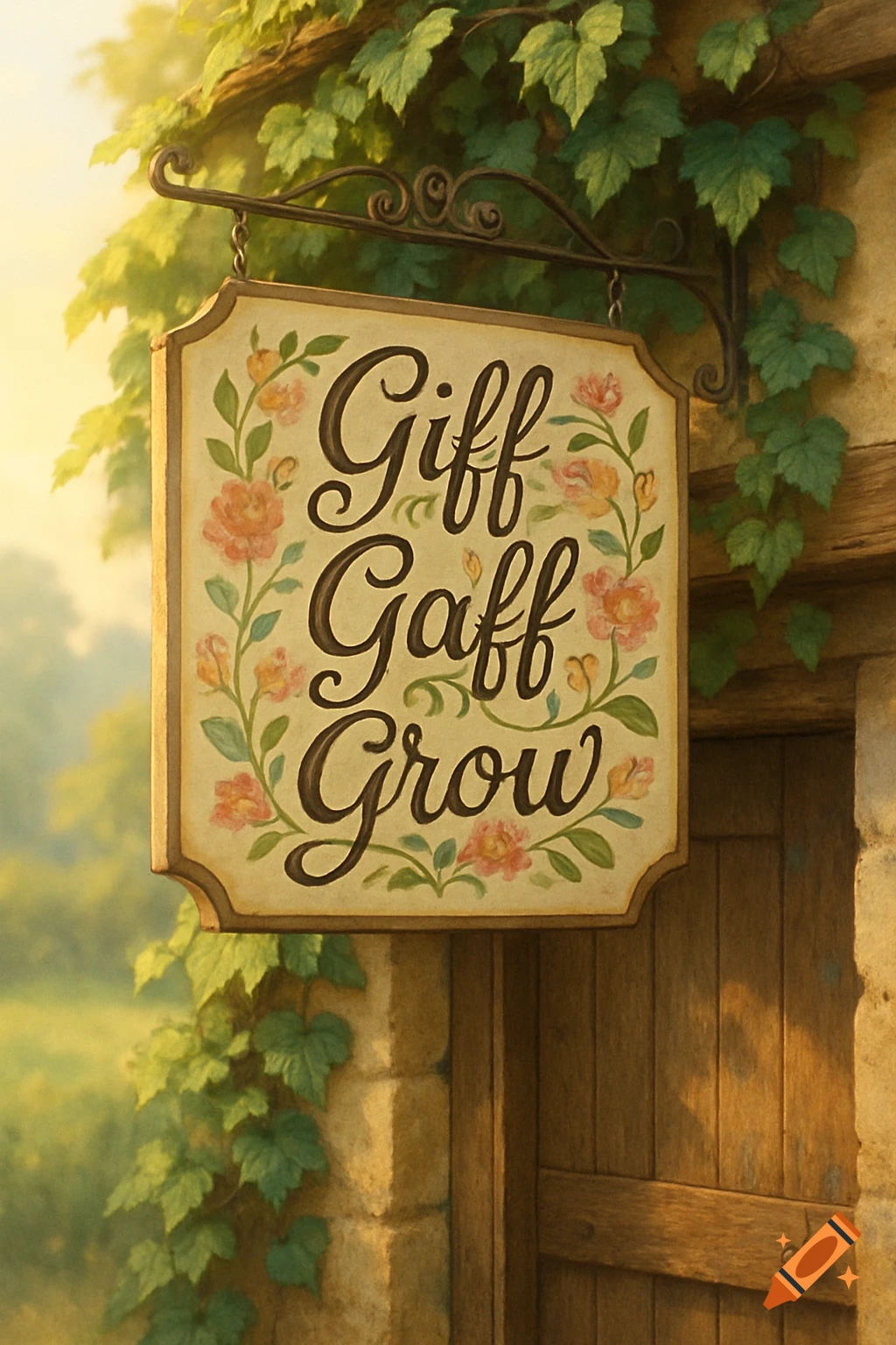 A whimsical sign with 'Giff Gaff Grow' in script, adorned with flowers and ivy, hanging on a stone building.
