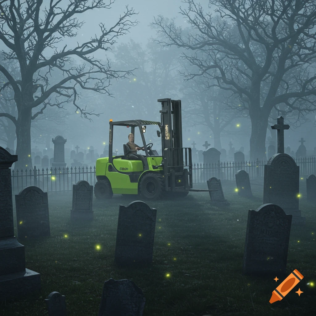 A lime green forklift with a driver is parked in a foggy, eerie graveyard with tombstones and bare trees, illuminated by glowing fireflies.