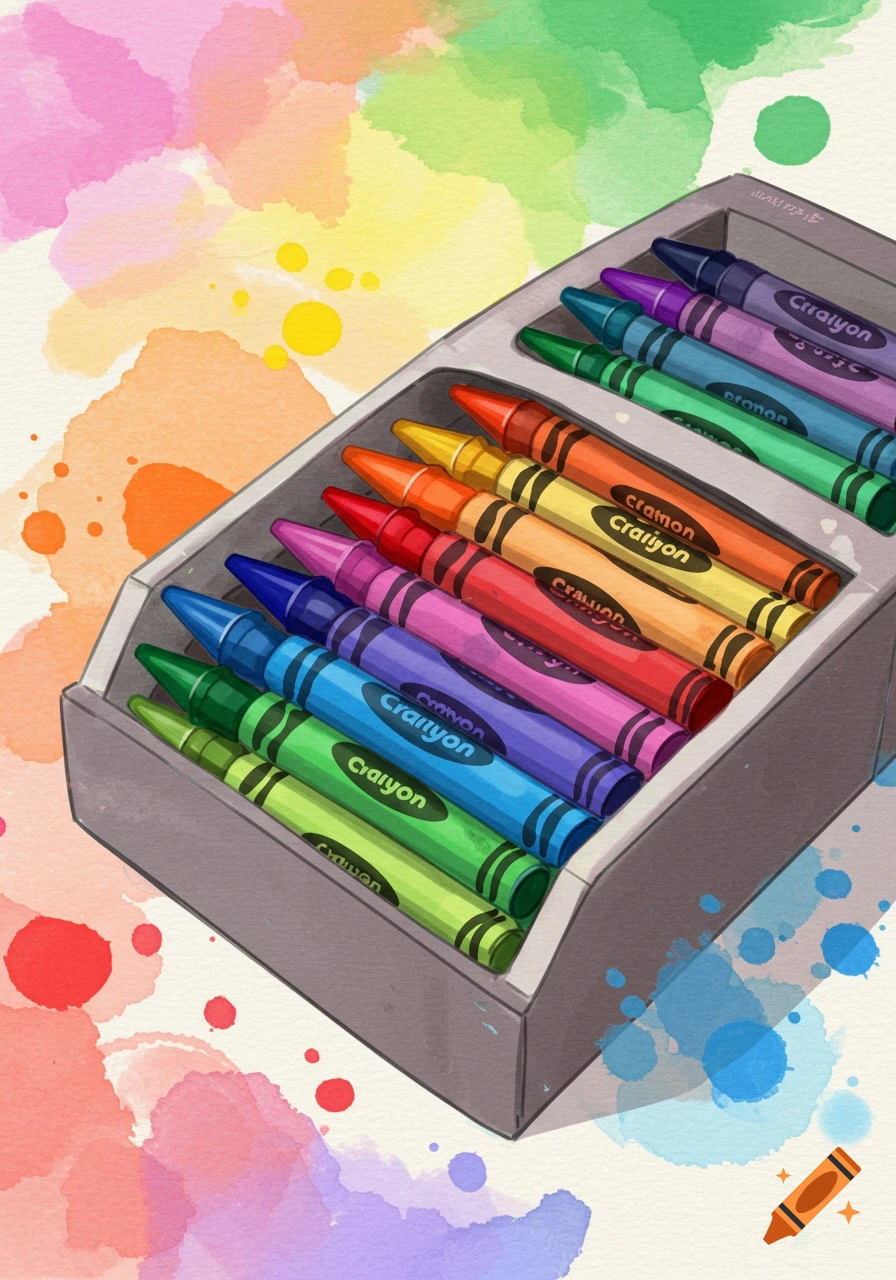 A box of colorful crayons in a watercolor painting style with splatters of color in the background.
