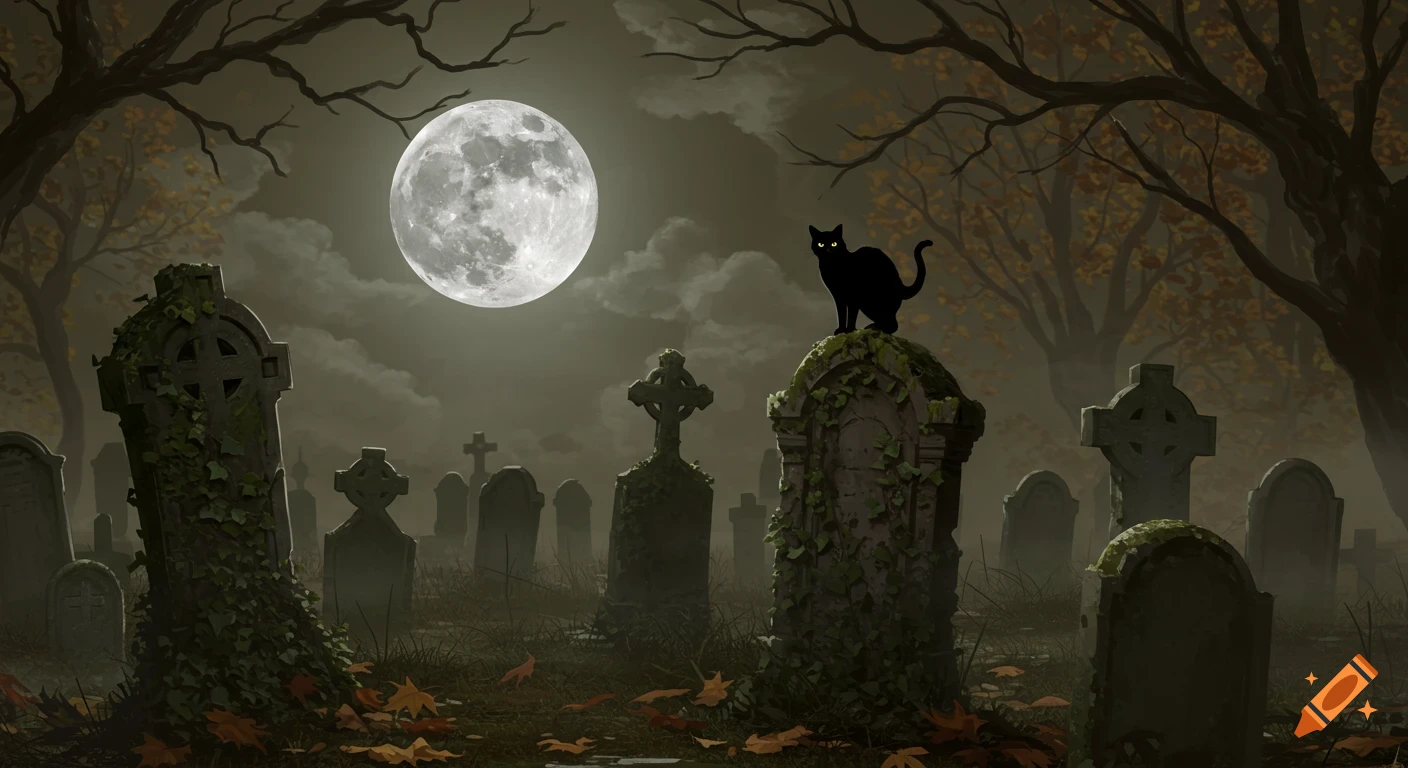 A black cat with glowing eyes sits on a gravestone in a spooky autumn night cemetery under a large full moon.