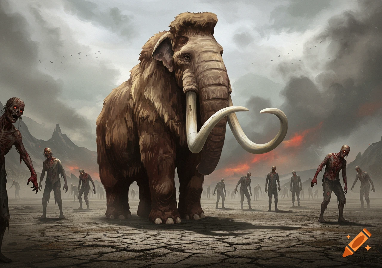 A large woolly mammoth stands among a horde of zombies in a desolate, cracked landscape under a stormy sky.