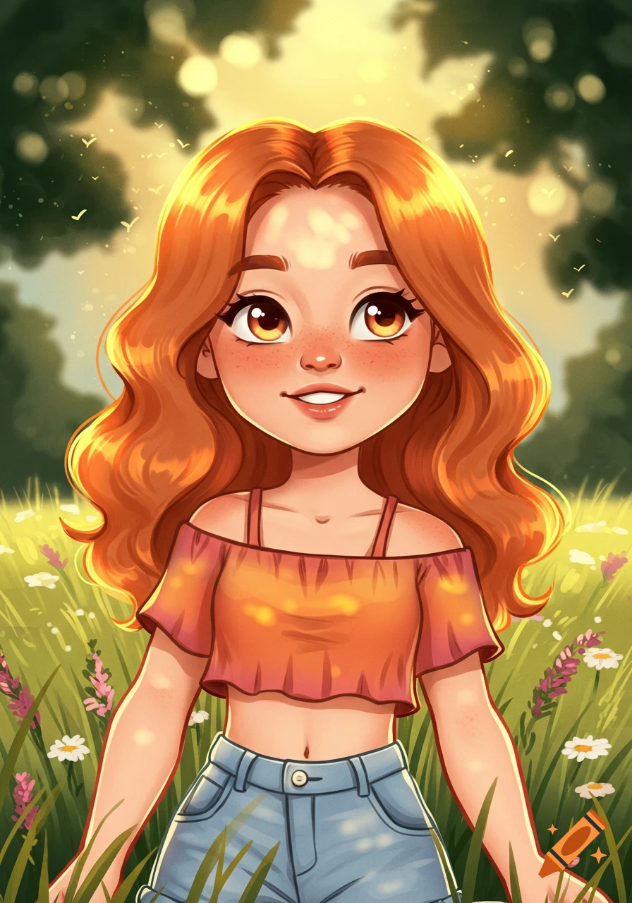 A cute cartoon girl with wavy ginger hair, wearing a crop top and jeans, stands smiling in a sunny field of flowers.