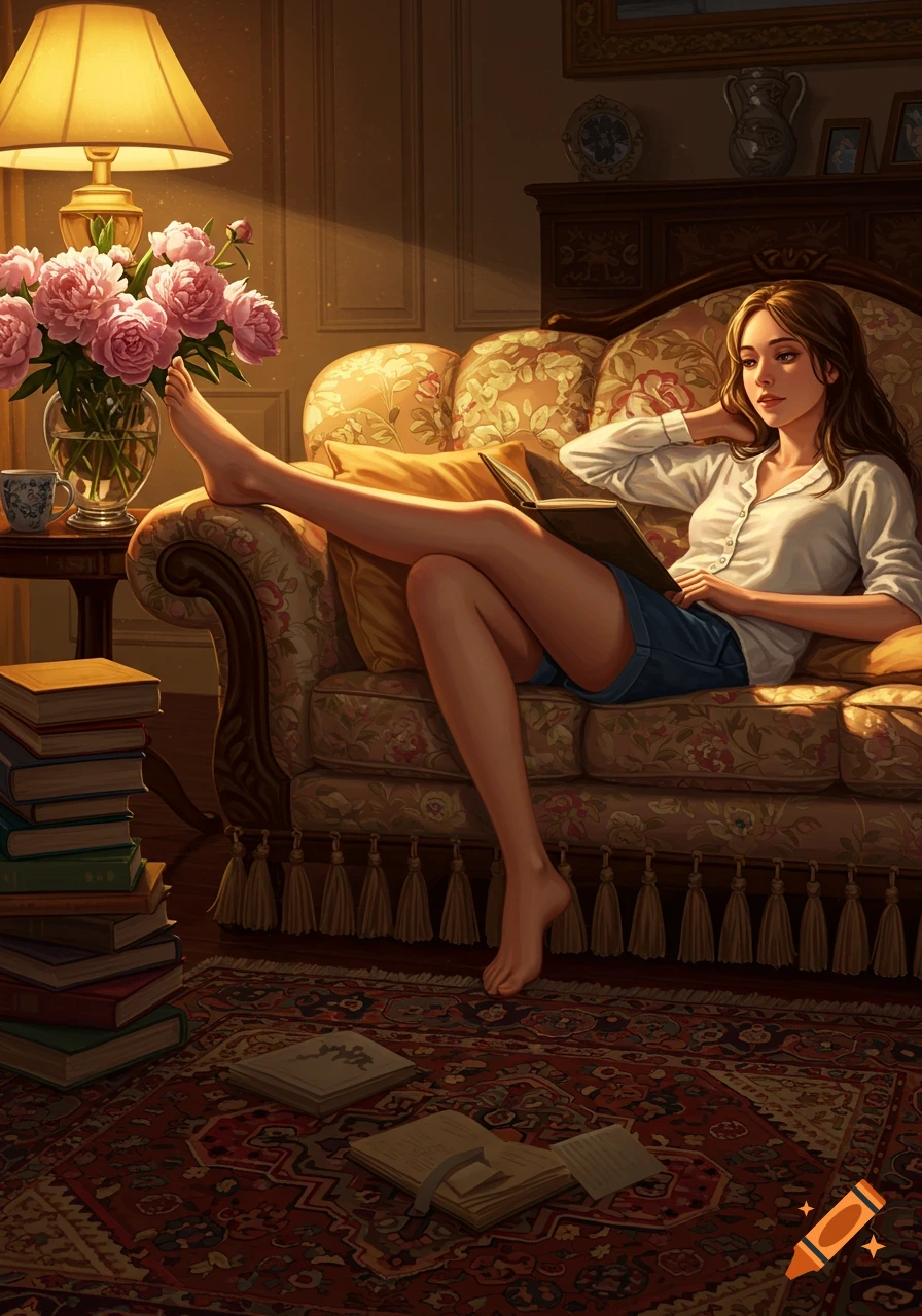 A young woman lounges on an ornate sofa, reading a book in a warm room with a lamp, peonies, and stacks of books.