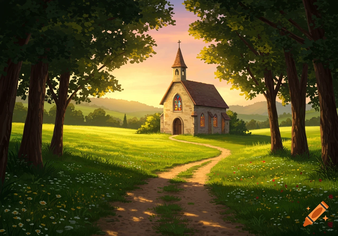 Painterly illustration of a winding path leading to a quaint stone chapel in a vibrant green, hilly landscape at sunset.
