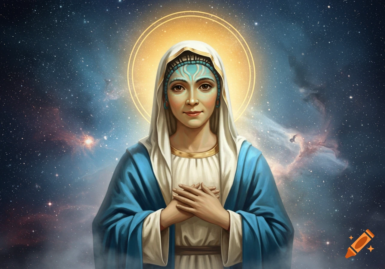 A realistic portrait of a woman resembling the Virgin Mary with blue facial markings, a white veil, and a blue robe, against a starry cosmic background with a golden halo.