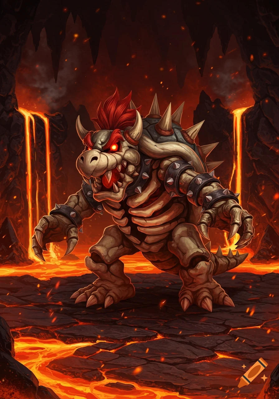 An illustration of Dry Bowser, a skeletal monster with red eyes and a mohawk, standing in a fiery, lava-filled cavern.