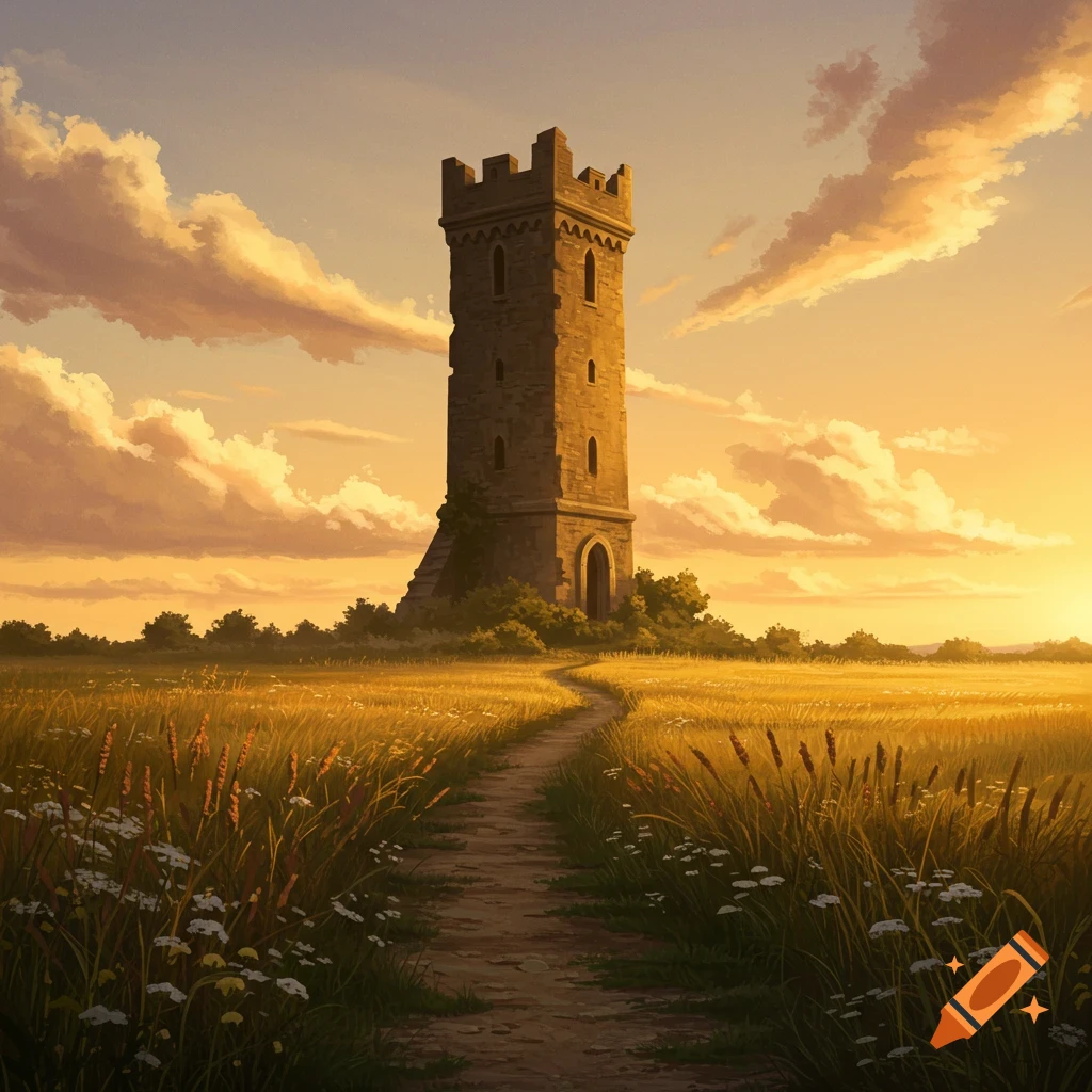 A tall stone tower stands prominently in a golden field at sunset, with a winding path leading towards it.