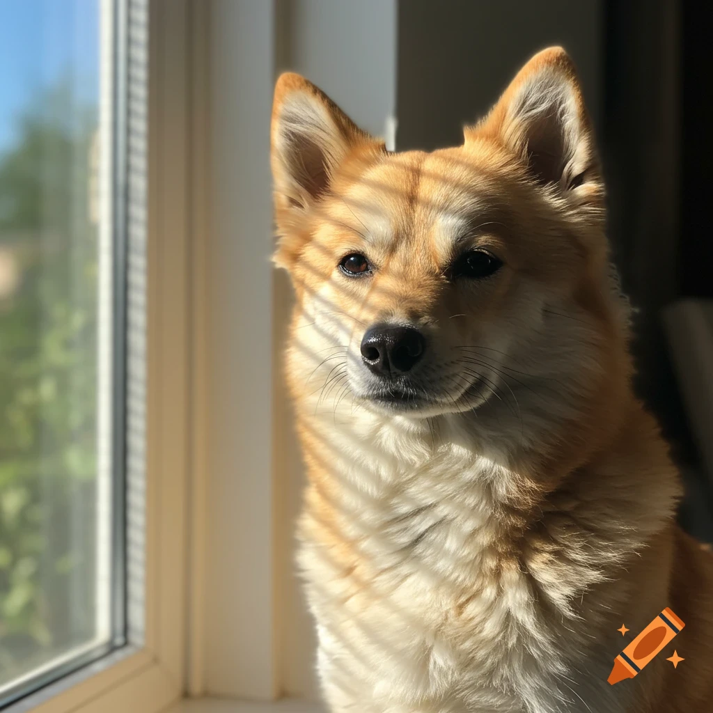A cute, light-brown dog sits by a sunlit window, shadows from blinds striping its face and body. Photorealistic.