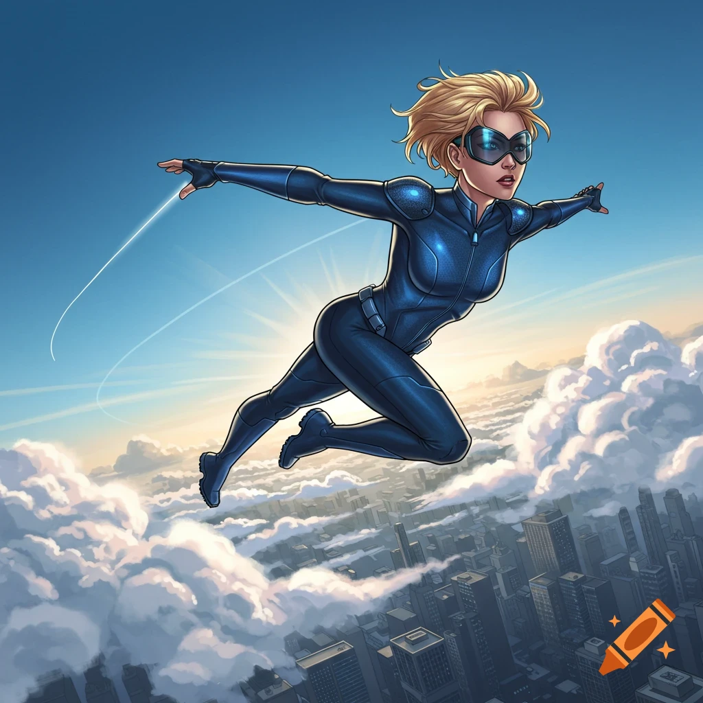 A blonde female superhero in a blue and black jumpsuit and goggles flies  through the sky above a city and clouds, in a comic art style. on Craiyon, image size:1024x1024