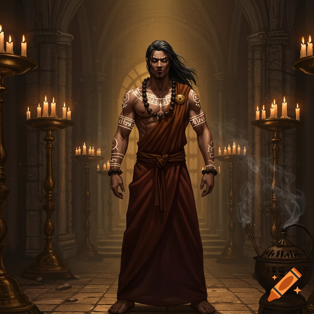A dark-haired monk with glowing body symbols and a red robe stands in a candlelit stone temple.