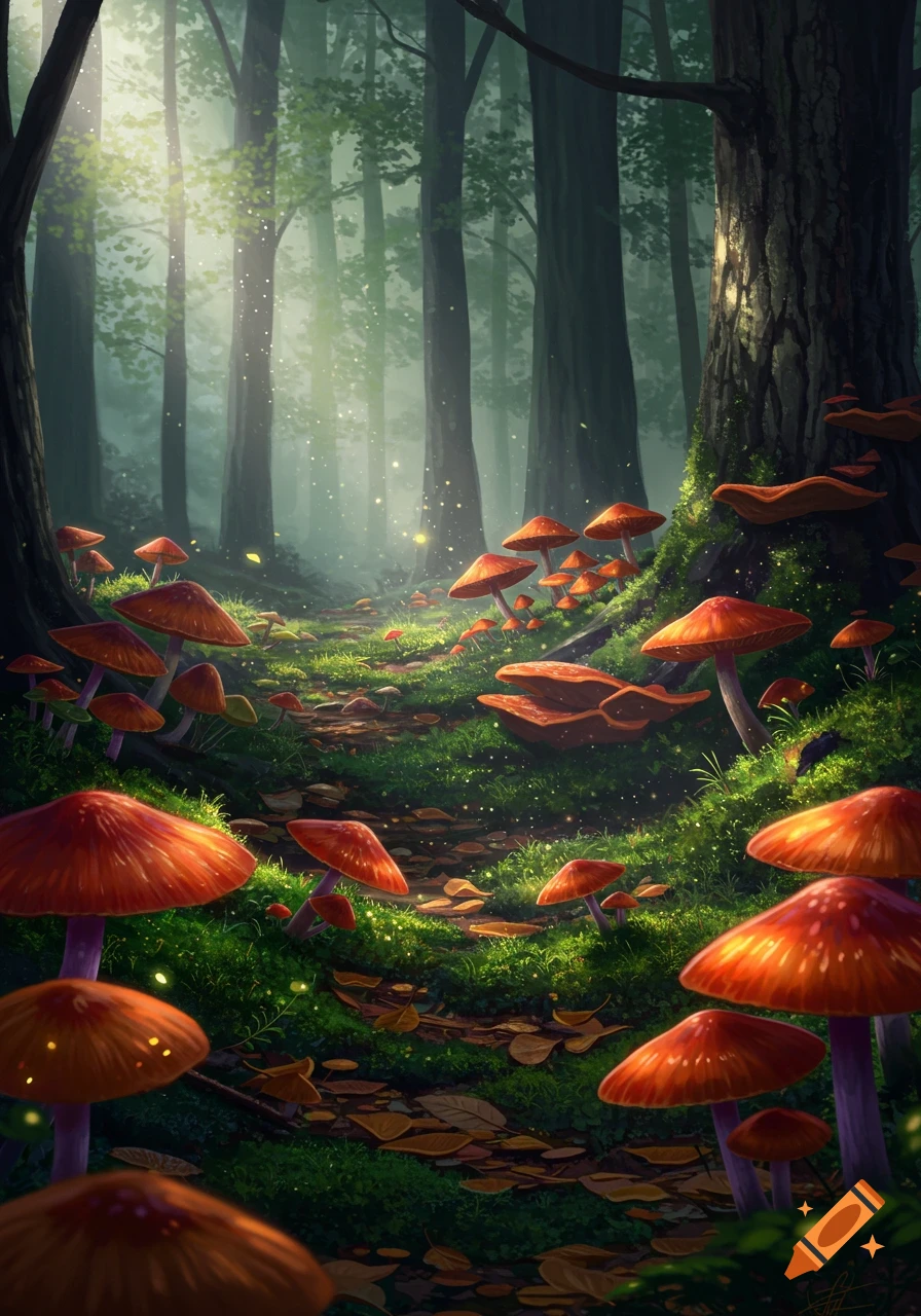 A magical forest path winds through tall trees and glowing red mushrooms, bathed in misty light. Fantasy art style.