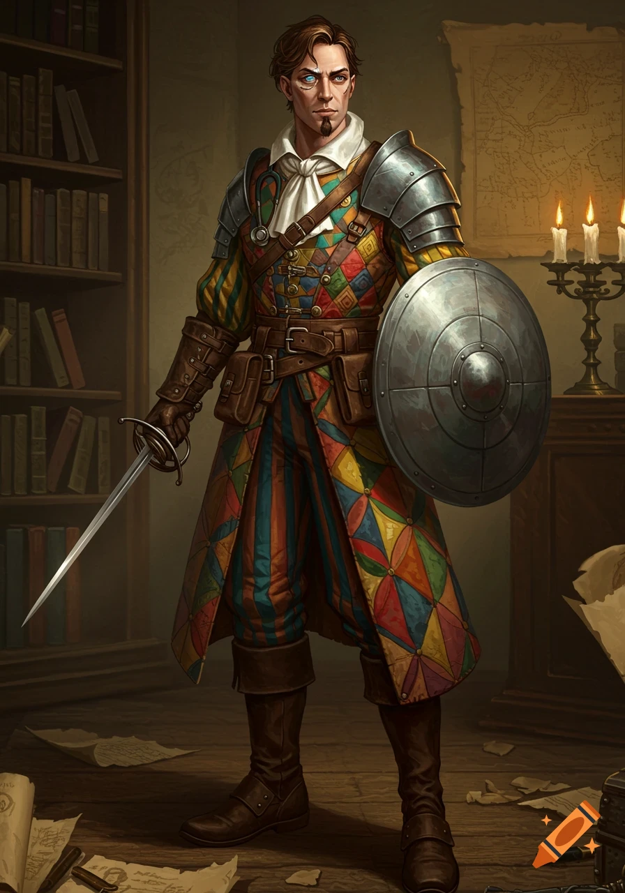 A detailed fantasy portrait of a man in colorful patchwork and leather armor, holding a rapier and shield, in a library setting.