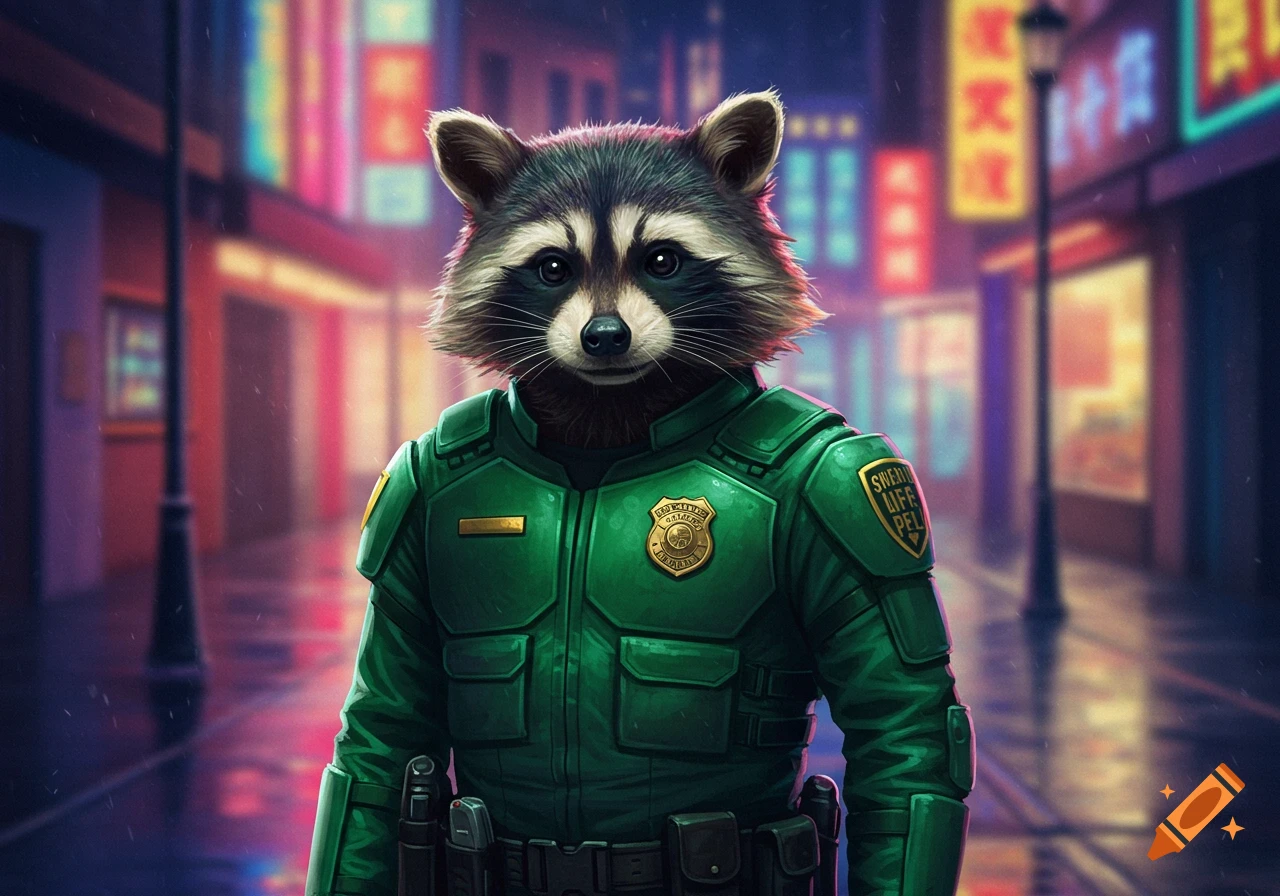 A stylized raccoon wearing a detailed green police uniform stands in a neon-lit futuristic city street at night, with a reflective wet ground.