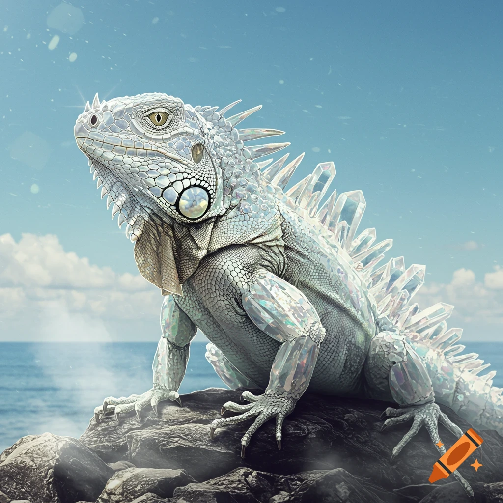 A photorealistic white iguana made of iridescent crystals, sitting on a dark rock by the ocean under a blue sky.