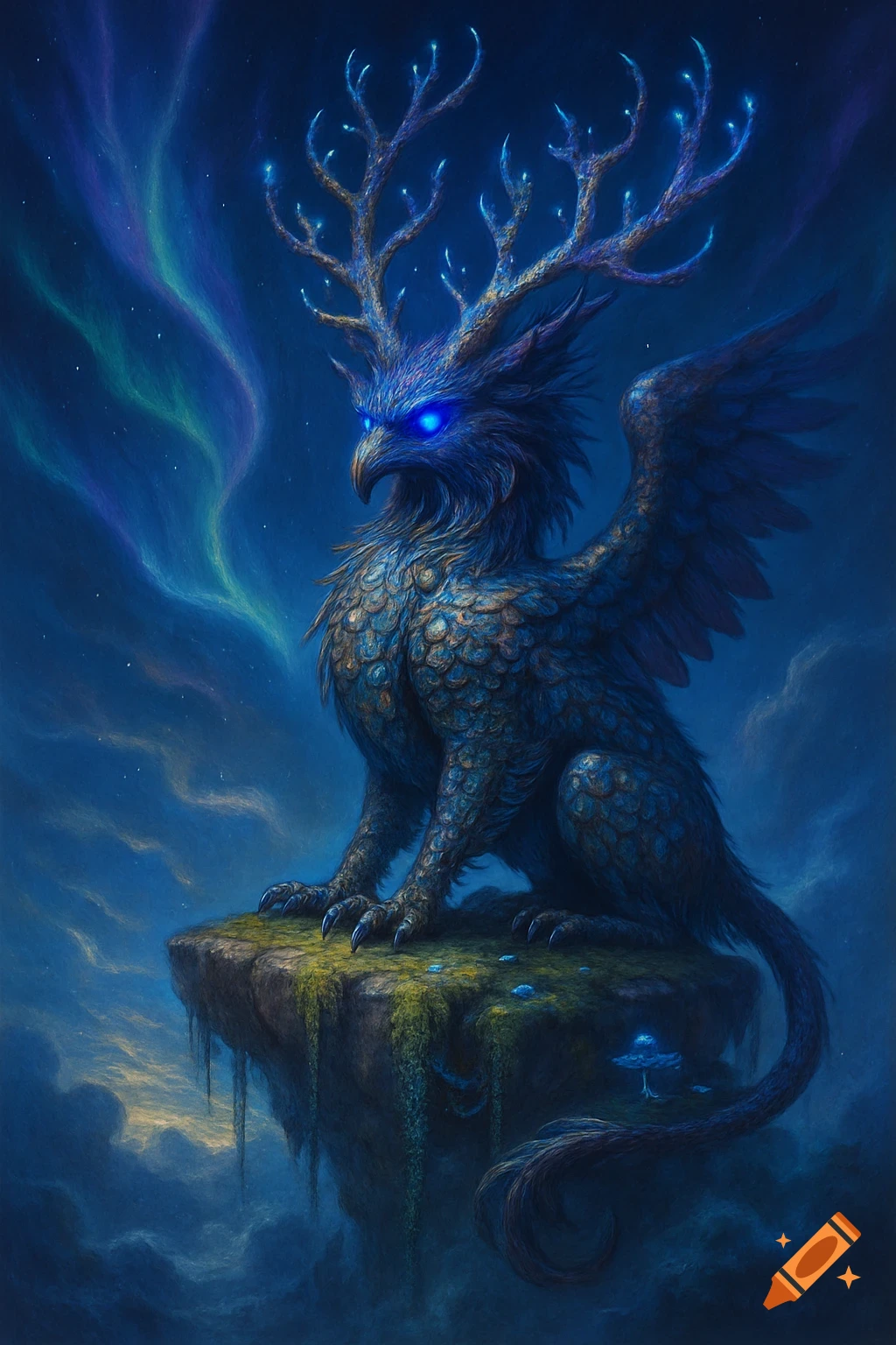 A majestic blue griffin-like creature with glowing antlers and bright eyes sits on a floating mossy rock under an aurora-lit sky, digital art.