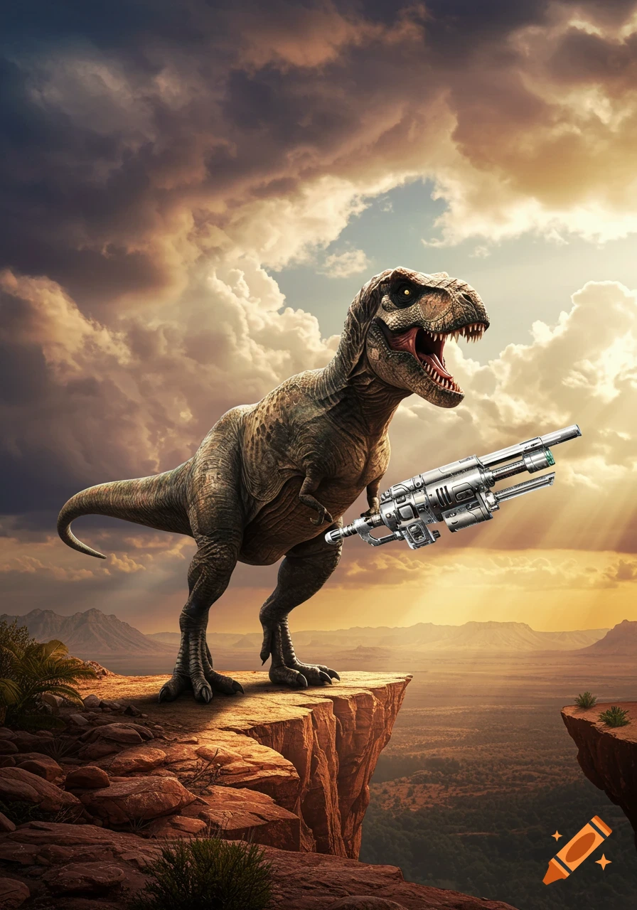 Photorealistic T-Rex on a cliff at sunset, holding a futuristic sci-fi gun, dramatic sky.