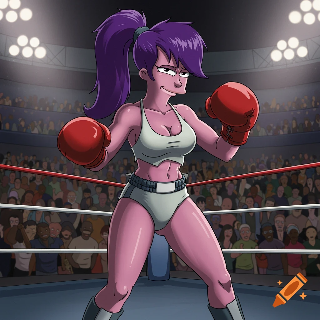 Leela from Futurama in a white sports bra and red boxing gloves, in a boxing ring, cartoon style.