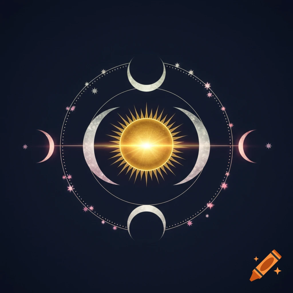 Abstract celestial symbol featuring a glowing golden sun at the center, surrounded by crescent moons and small stars on a dark background.