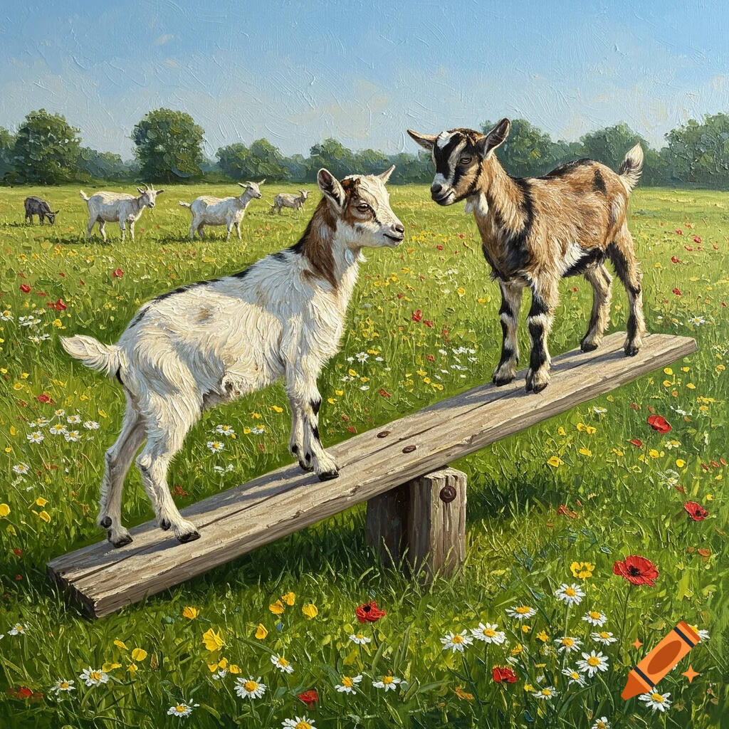Textured painting of two goat kids balancing on a wooden teeter-totter in a vibrant grassy field with wildflowers and other goats.