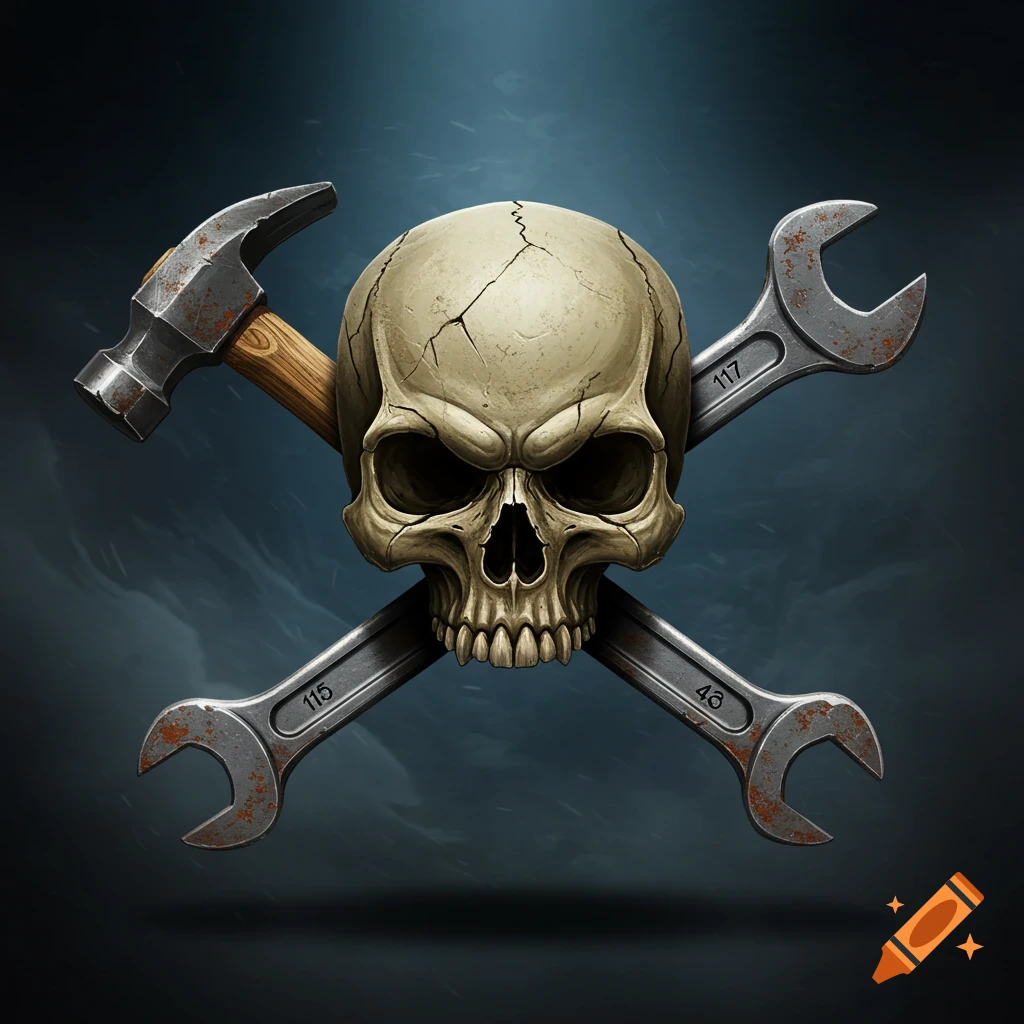 A menacing, cracked skull with a hammer and two wrenches crossed behind it, against a dark, stormy background.