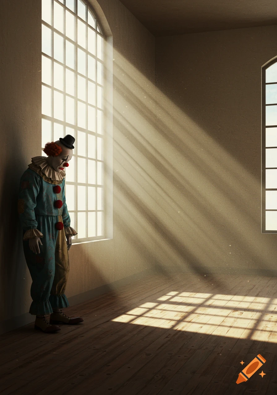A sad clown stands by a large window in a dimly lit room, with dramatic light rays and shadows on the floor.