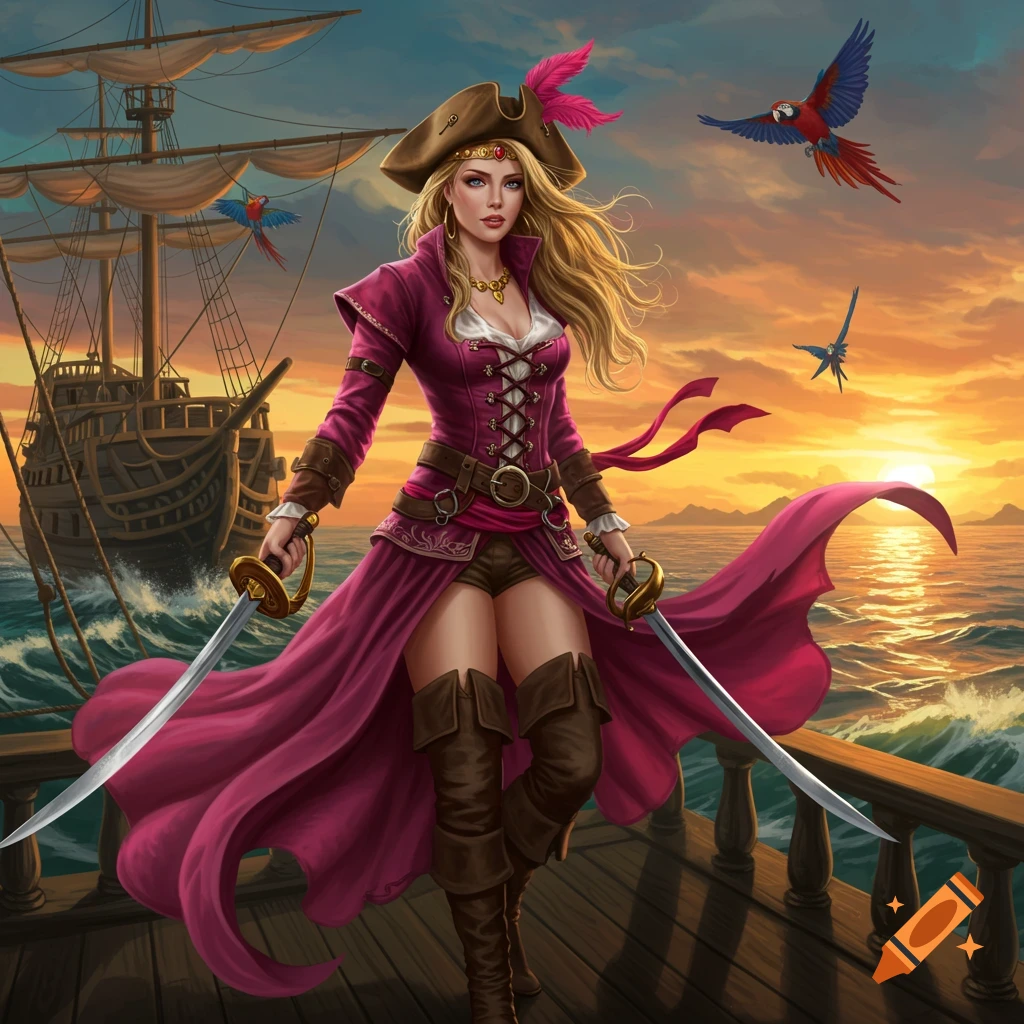 A blonde pirate queen in pink clothes, holding two swords on a ship's deck at sunset, with parrots flying. Digital fantasy art.