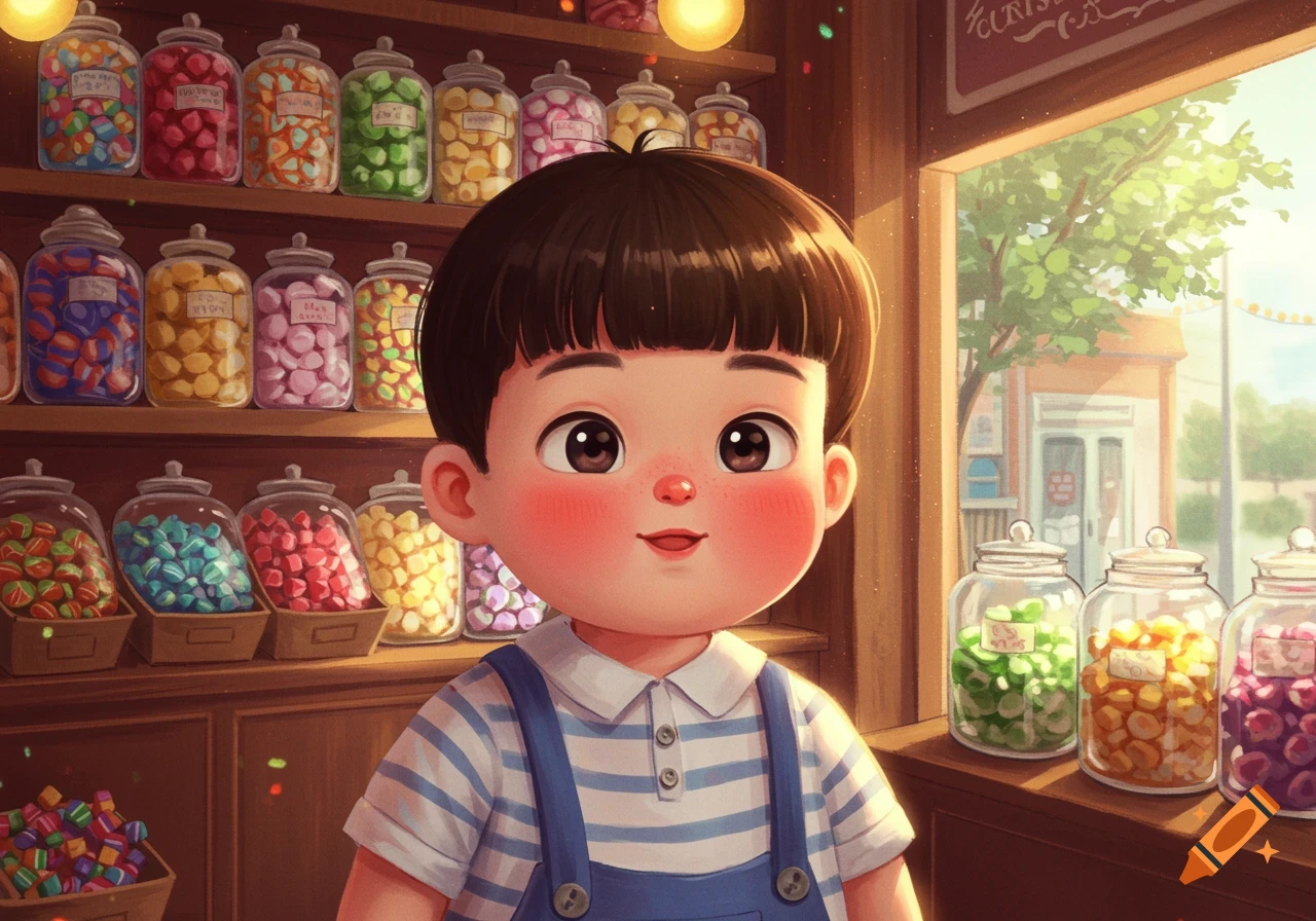 Illustration of a cute boy with a bowl cut in a brightly lit candy shop, surrounded by jars of colorful sweets.