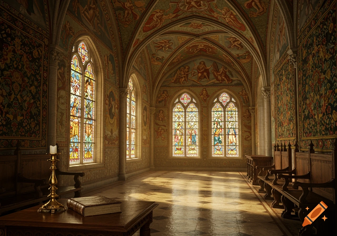 A grand, ornate Renaissance-style hall with stained glass windows, vaulted ceiling, tapestries, and sunlight on the tiled floor.