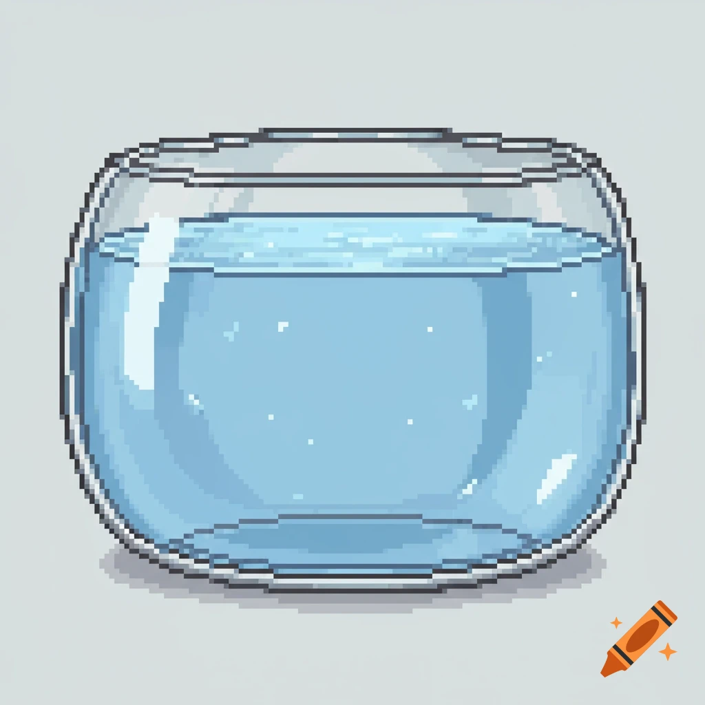 A pixel art illustration of an oval-shaped fish tank filled with light blue, transparent water.