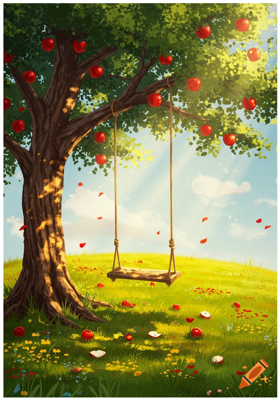 An illustrative scene of a wooden rope swing hanging from a large apple tree in a sunny, grassy field with red apples scattered on the ground.