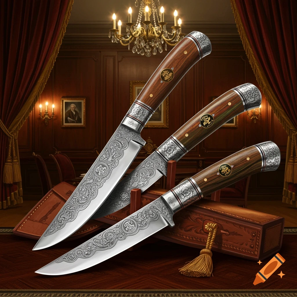 Three ornate knives with engraved blades and wooden handles displayed in a luxurious, dimly lit room with a chandelier and red curtains.