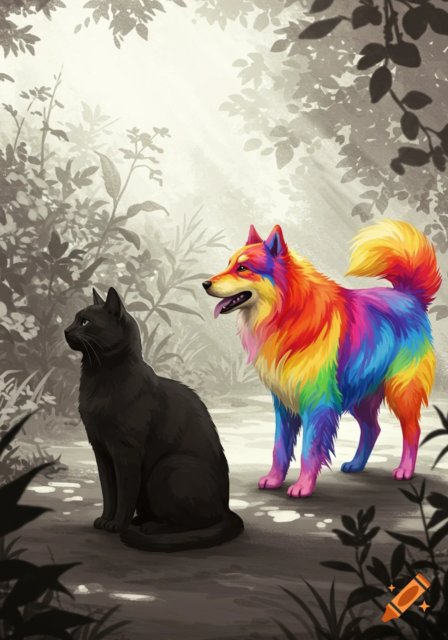 Illustrated black cat sits beside a vibrant rainbow-furred dog in a grayscale forest.