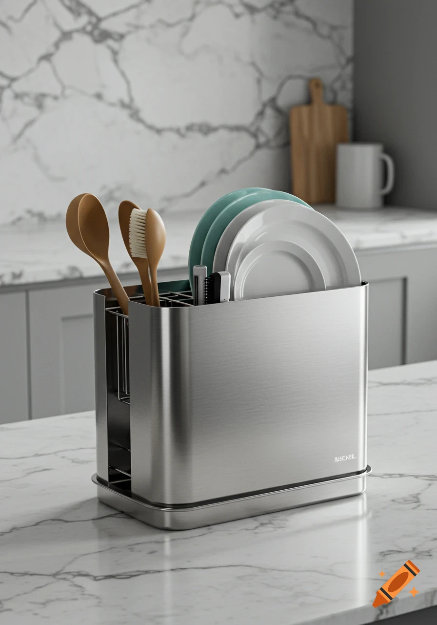 Photorealistic image of a stainless steel kitchen dish drainer holding plates and wooden utensils on a marble countertop.