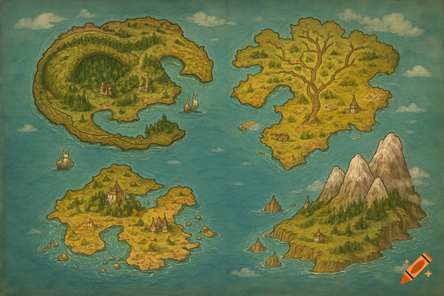 A painted fantasy world map showing four continents, mountains, forests, castles, and ships on a blue ocean.