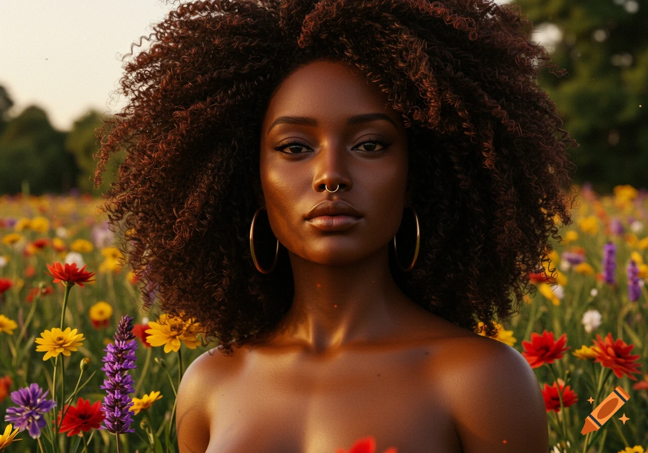 Photorealistic portrait of a Black woman with curly hair, a nose ring, and hoop earrings, standing in a colorful flower field.