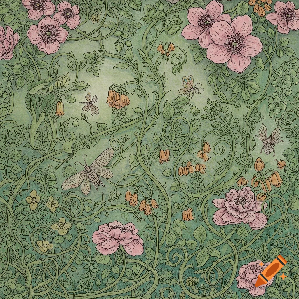 Detailed coloring book illustration of winding green vines, pink and yellow flowers, and hidden insects on a mottled green background.