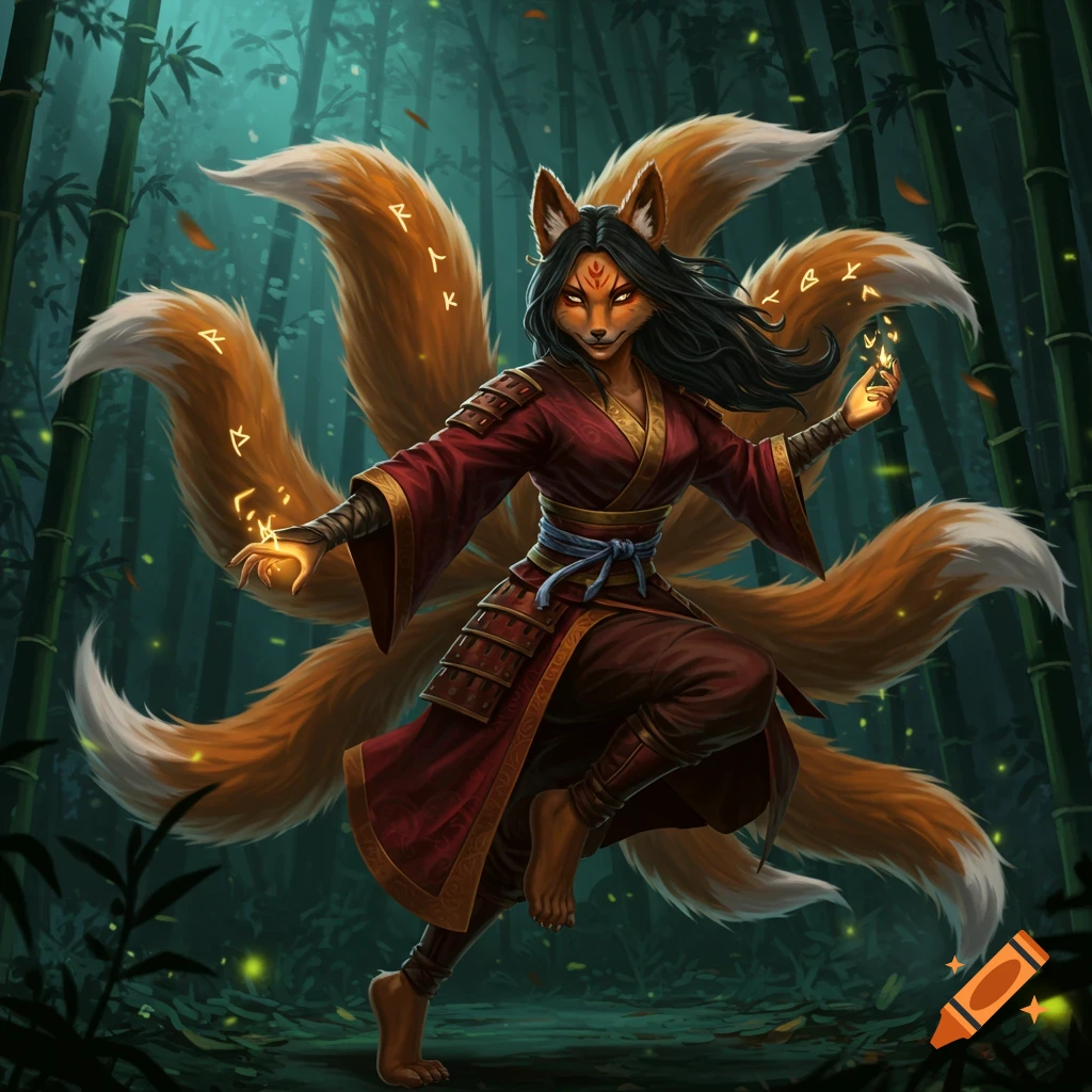 A female nine-tailed fox in a red kimono-like outfit and armor, crouching in a dark bamboo forest, conjuring glowing magic runes.