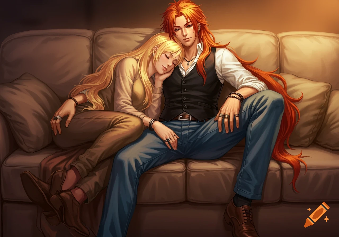 An anime couple relaxing on a couch, the blonde woman with closed eyes leaning on the chest of a man with long orange hair.