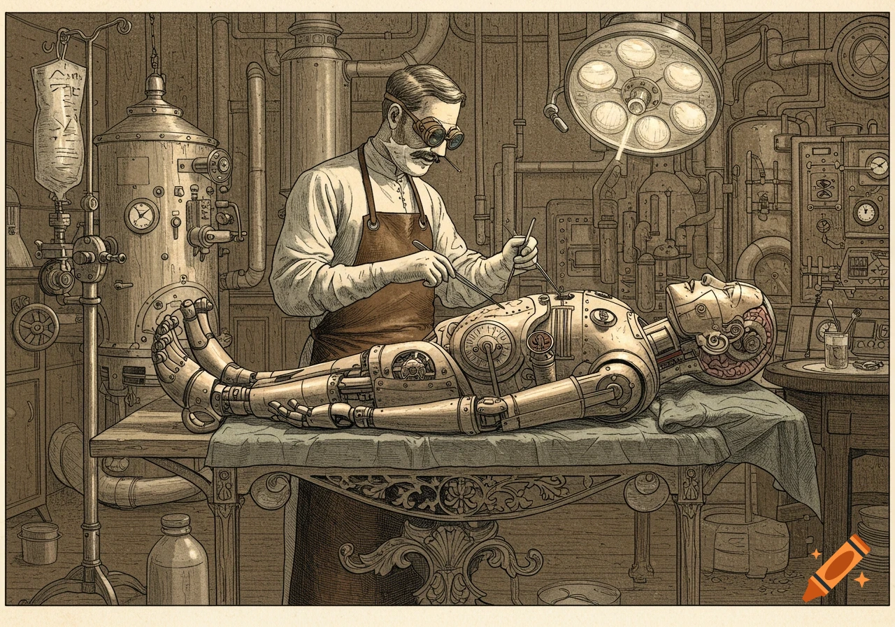 A vintage engraving shows a steampunk surgeon operating on a robot with visible internal mechanisms in a cluttered lab.