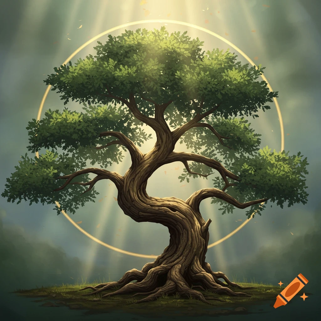 A majestic, gnarled oak tree with green leaves, illuminated by golden light rays and surrounded by a luminous golden halo.
