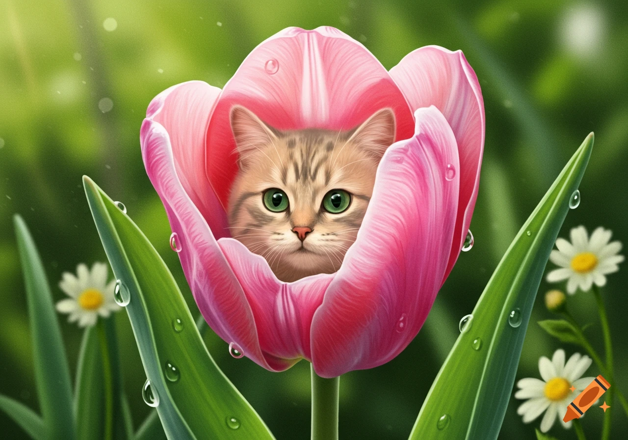 A cute tabby kitten with green eyes peeks from a vibrant pink tulip with water droplets, surrounded by green leaves and blurred daisies.