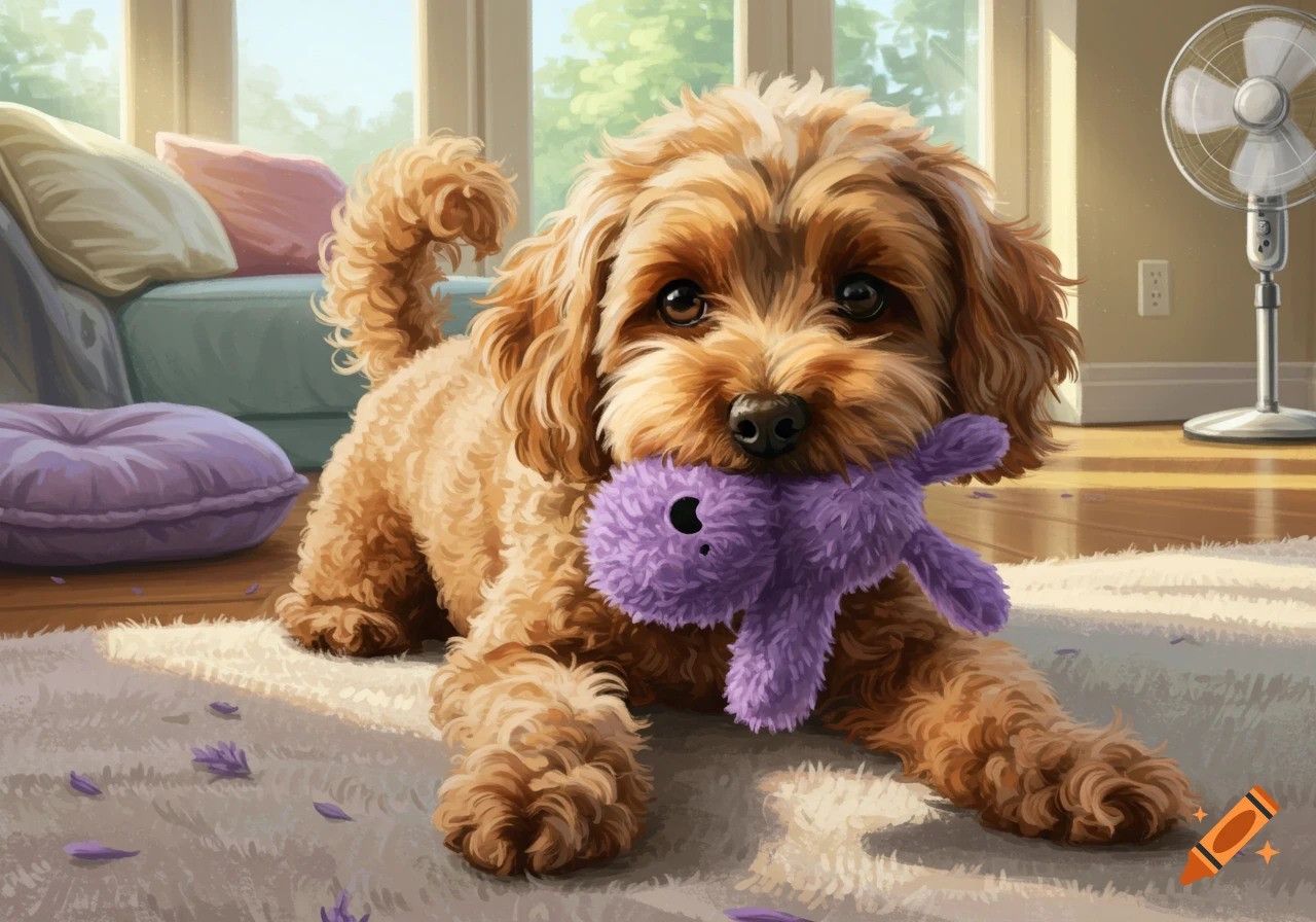 Fluffy brown cockapoo puppy lies on a rug, holding a purple plush toy, in a sunlit room. Digital art.