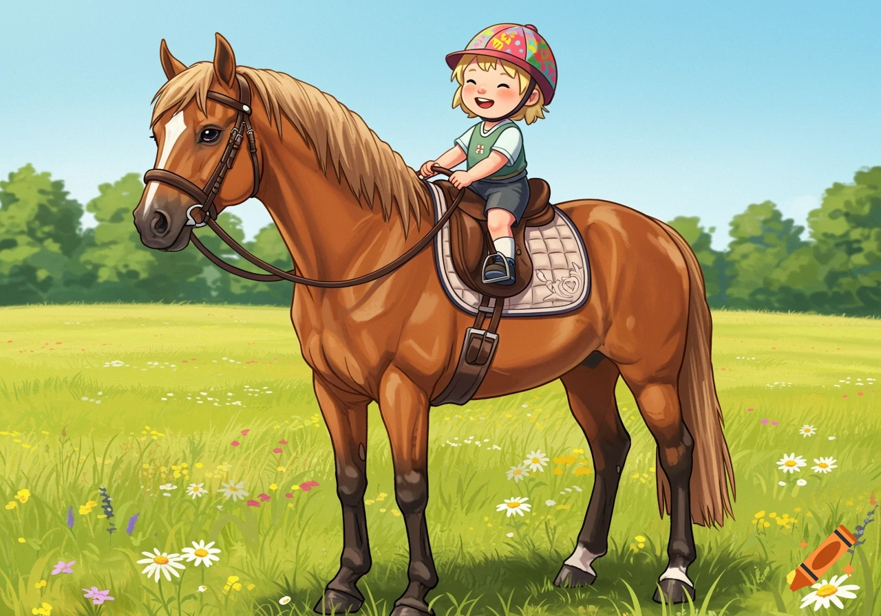 A smiling cartoon child with a colorful helmet rides a brown horse in a sunny, flower-filled meadow.