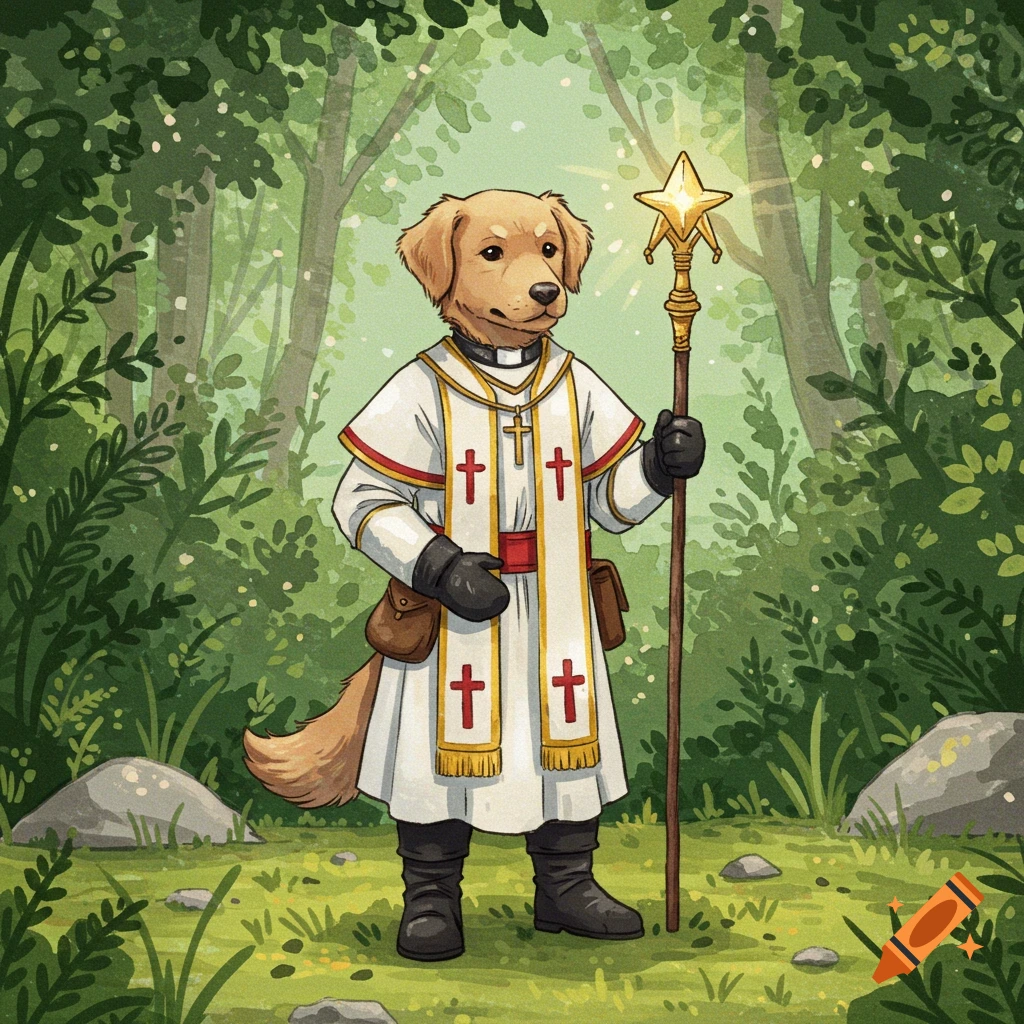 A cute watercolor illustration of a golden retriever dog dressed as a fantasy cleric, holding a shining staff in a forest.